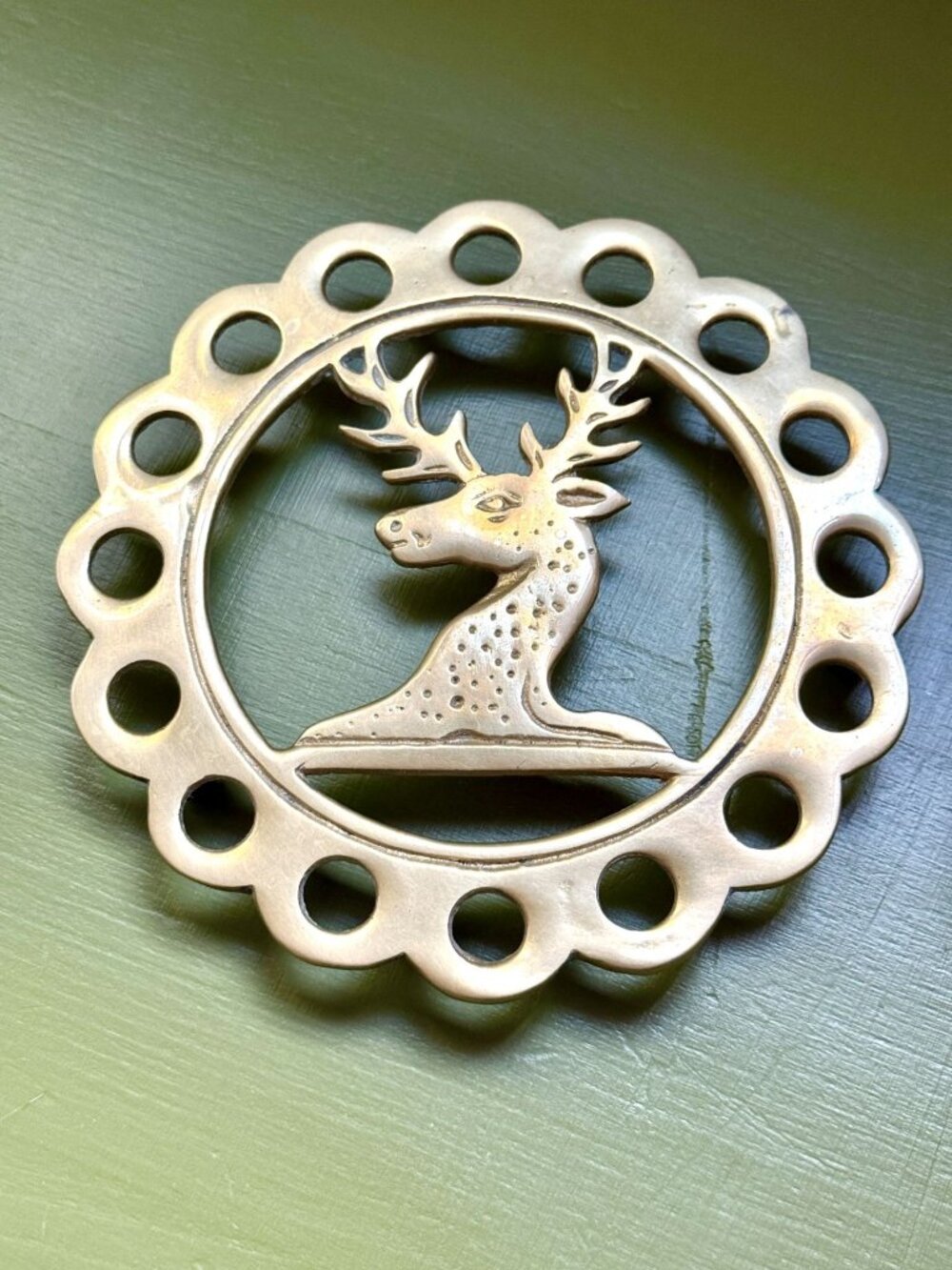 Vintage 1970s Gold Brass Trivet In Stag Deer Motif